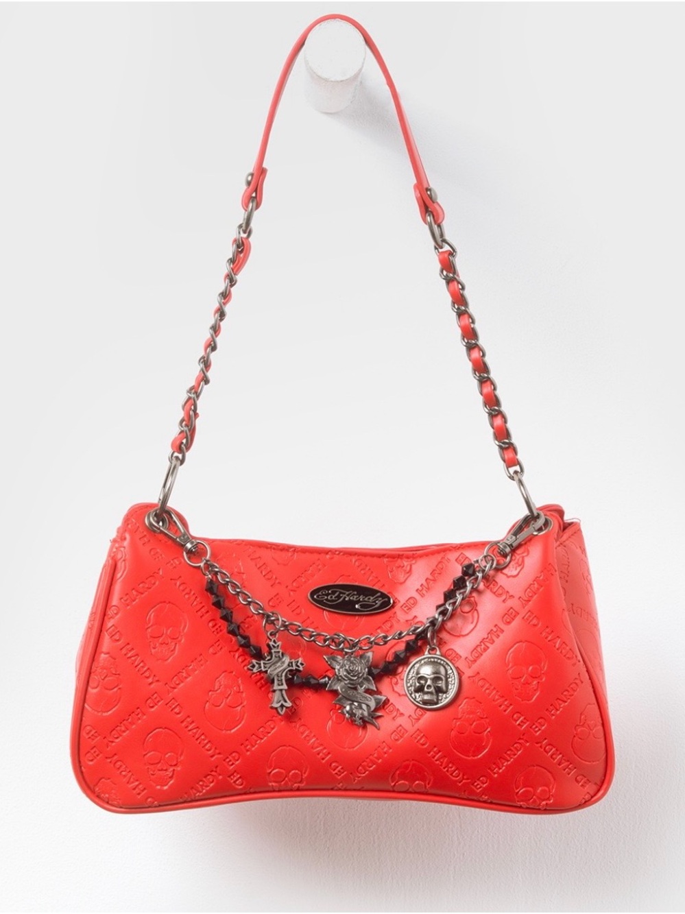 Ed Hardy Red Embossed Charm Chain Shoulder Bag
